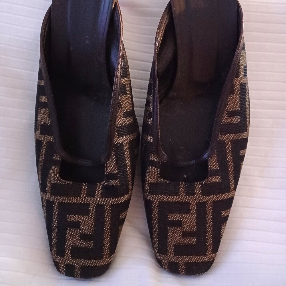 Authentic Fendi Zucca FF Logo Canvas Kitten Heel Mules